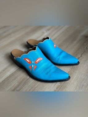 J.B. Hill Western Mule Boots Turquoise Leather Butterfly Inlay Handmade in USA